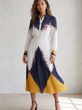 Stunning Vintage Rocco Pleated Colorblock Midi Dress – Made in Japan (Size M)